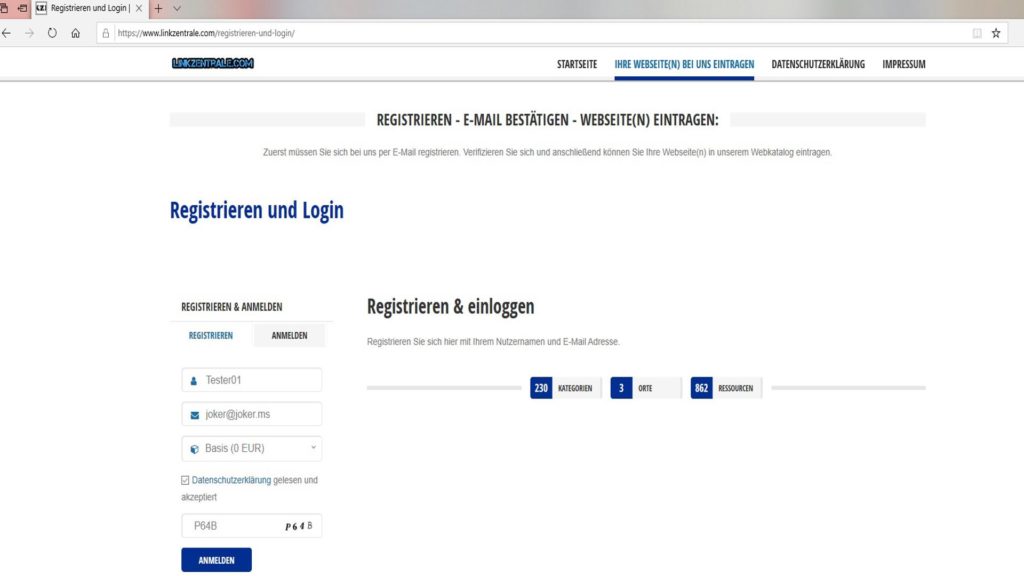 Registierung bei der linkzentralecom