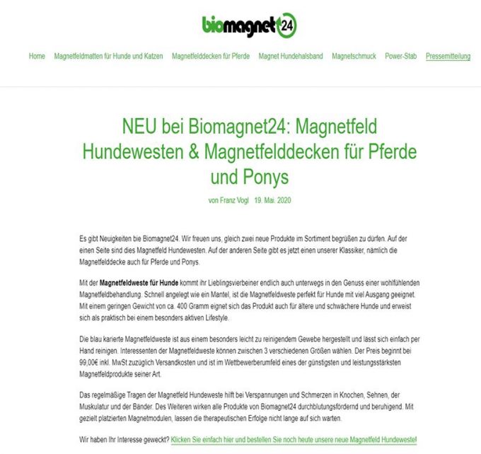 NEU bei Biomagnet24: Magnetfeld Hundewesten &amp; Magnetfelddecken für Pferde und Ponys